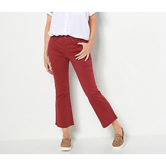 NYDJ Denim - NYDJ Fiona Slim Flare Jeans Frayed Hem Ankle Crop Dark Pink Size 8 NEW